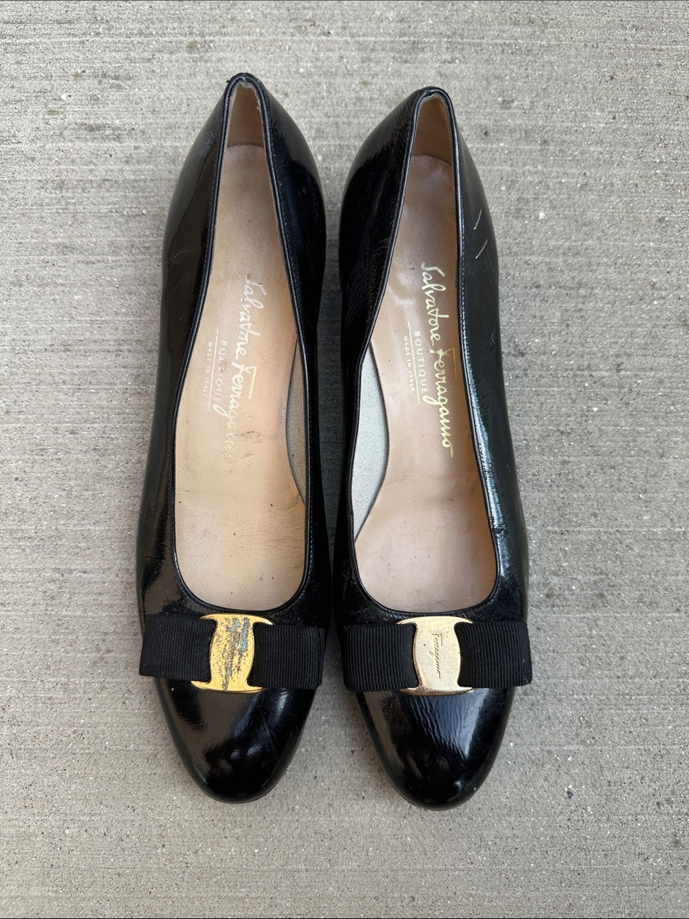 Salvatore Ferragamo Black Patent Leather Vara Bow Pumps with Gold Accent